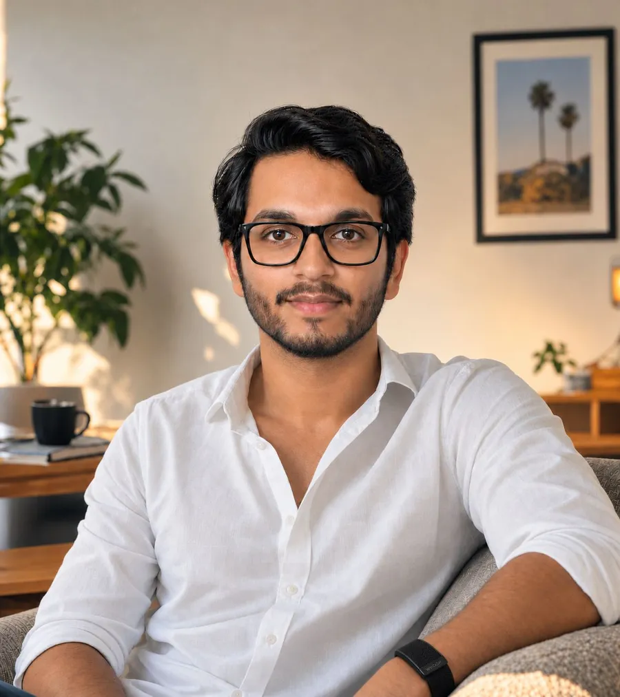 Portrait of the founder of Aroha, wearing glasses and a white shirt, seated in a sunlit room